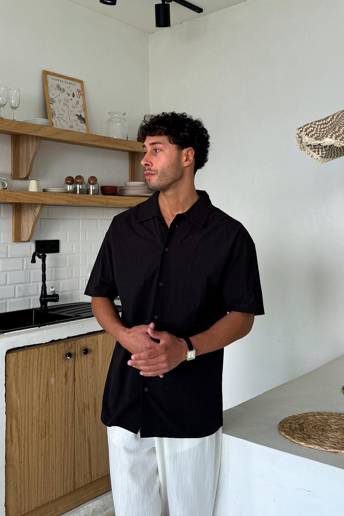 Siyah Keten Oversize Kısa Kol Gömlek