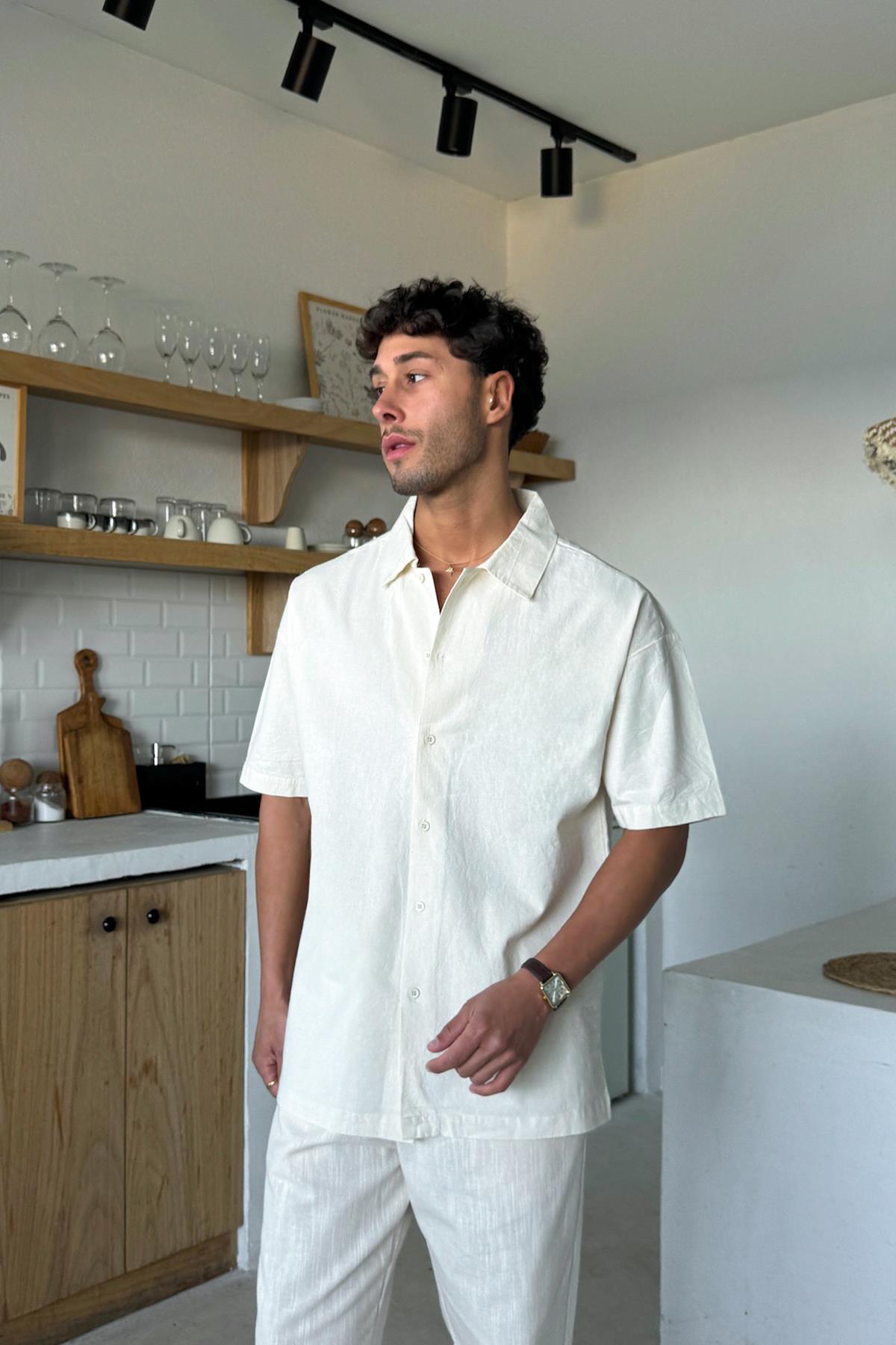 Krem Keten Oversize Kısa Kol Gömlek