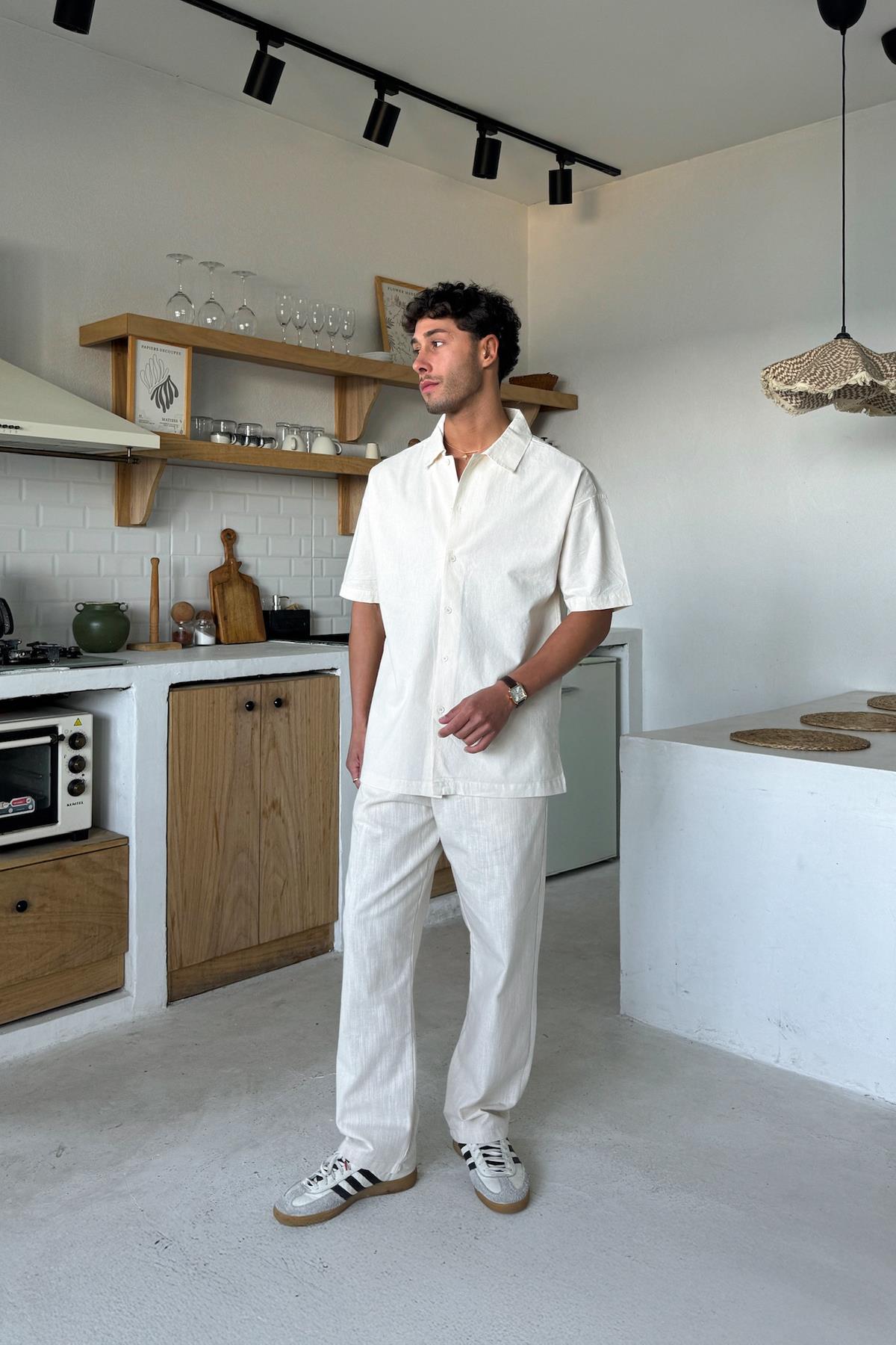 Krem Keten Oversize Kısa Kol Gömlek