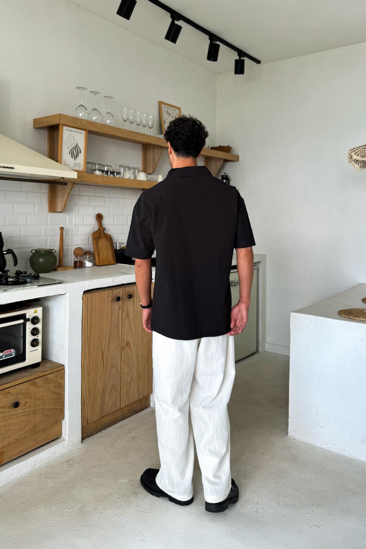 Siyah Keten Oversize Kısa Kol Gömlek