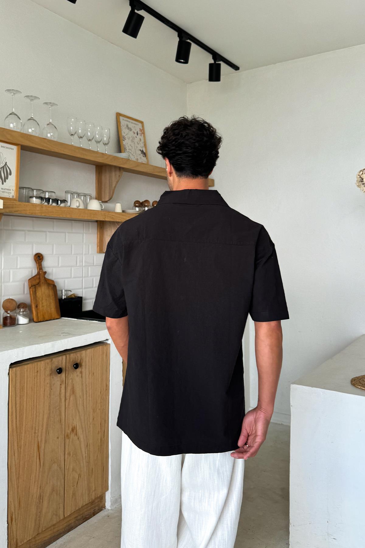 Siyah Keten Oversize Kısa Kol Gömlek