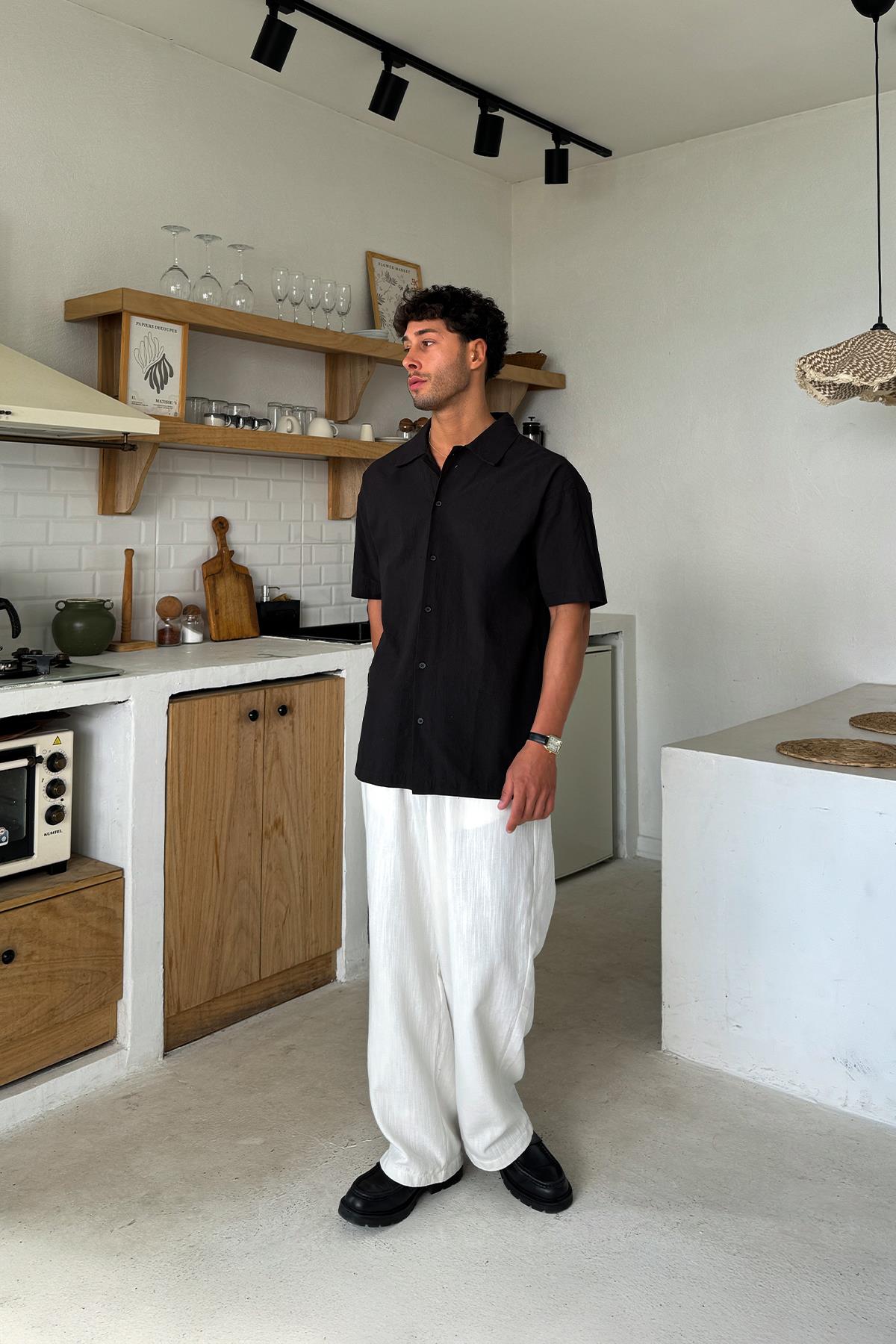 Siyah Keten Oversize Kısa Kol Gömlek