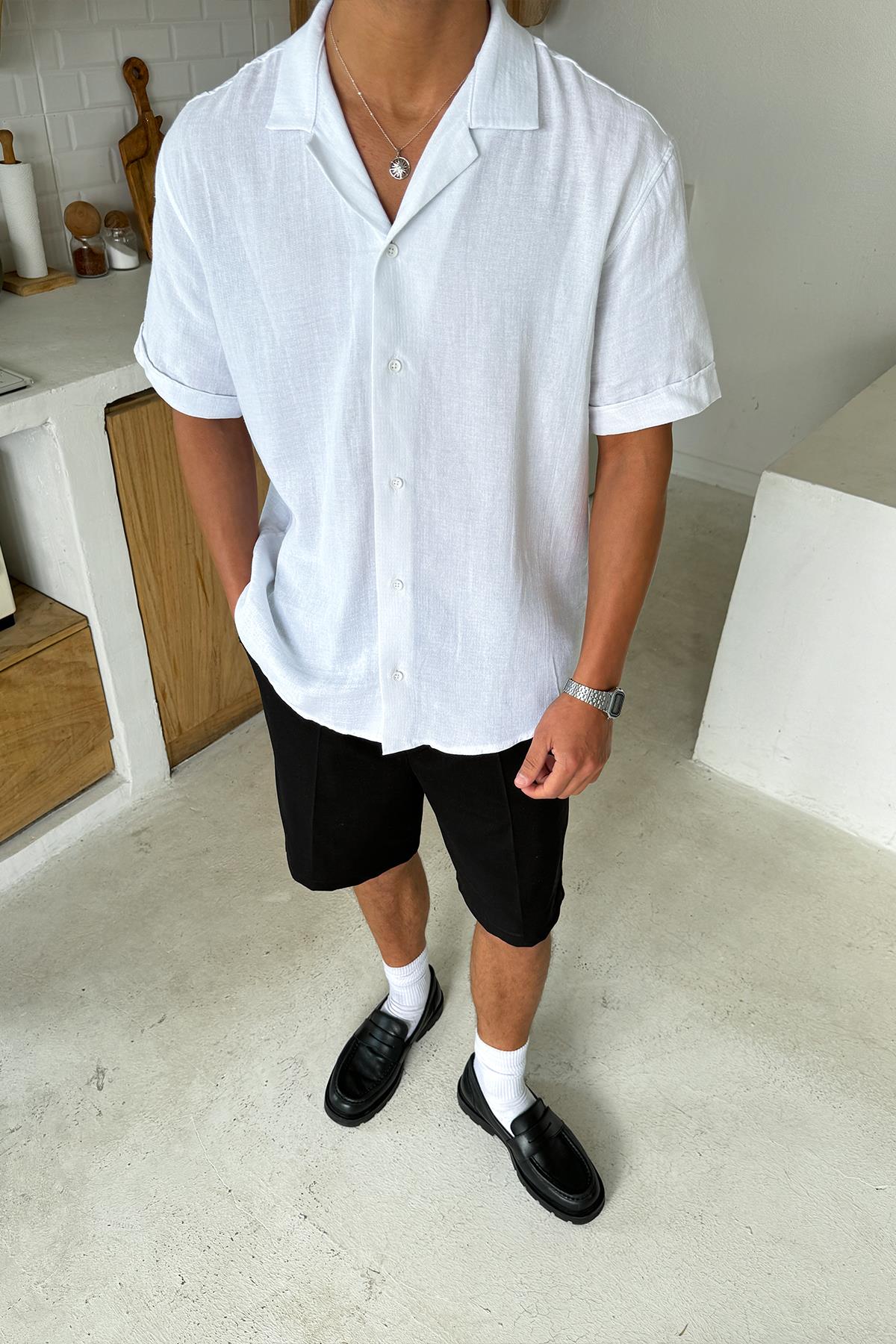 Beyaz Kısa Kollu Dokuma Gömlek