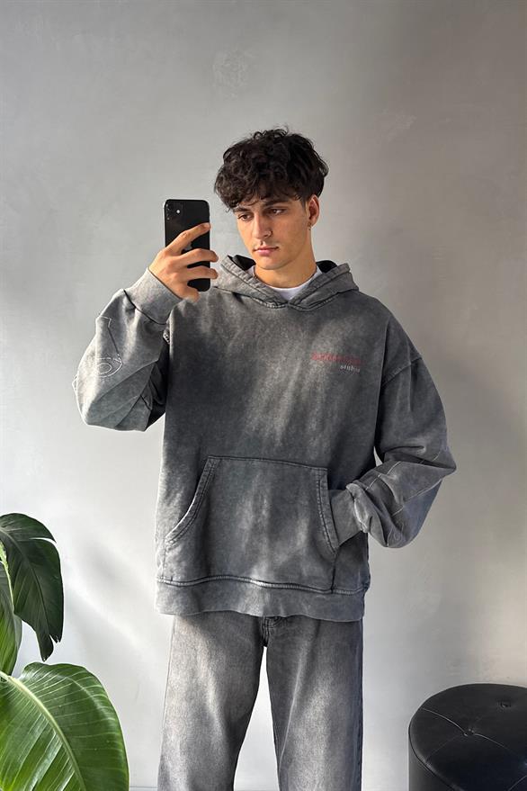 Kol Baskı Detay Oversize Acid Wash Hoodie
