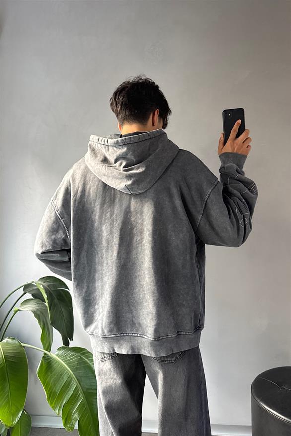 Kol Baskı Detay Oversize Acid Wash Hoodie
