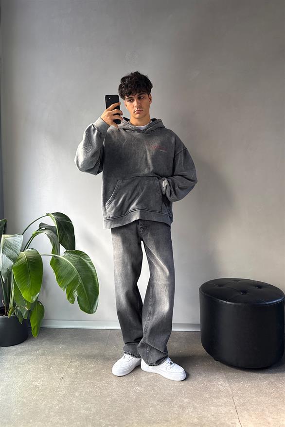 Kol Baskı Detay Oversize Acid Wash Hoodie