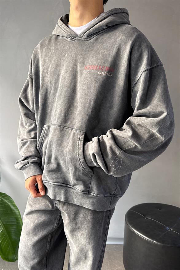 Kol Baskı Detay Oversize Acid Wash Hoodie
