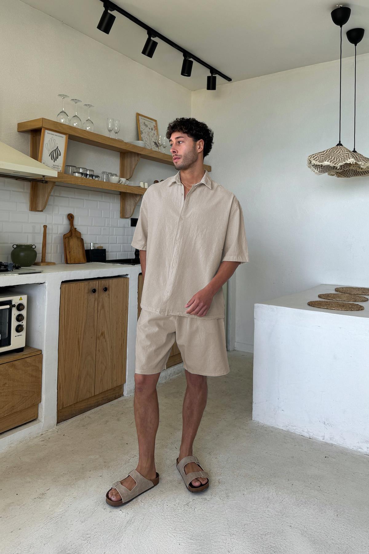 Krem Basic Oversize Kısa Kol Keten Gömlek Bej