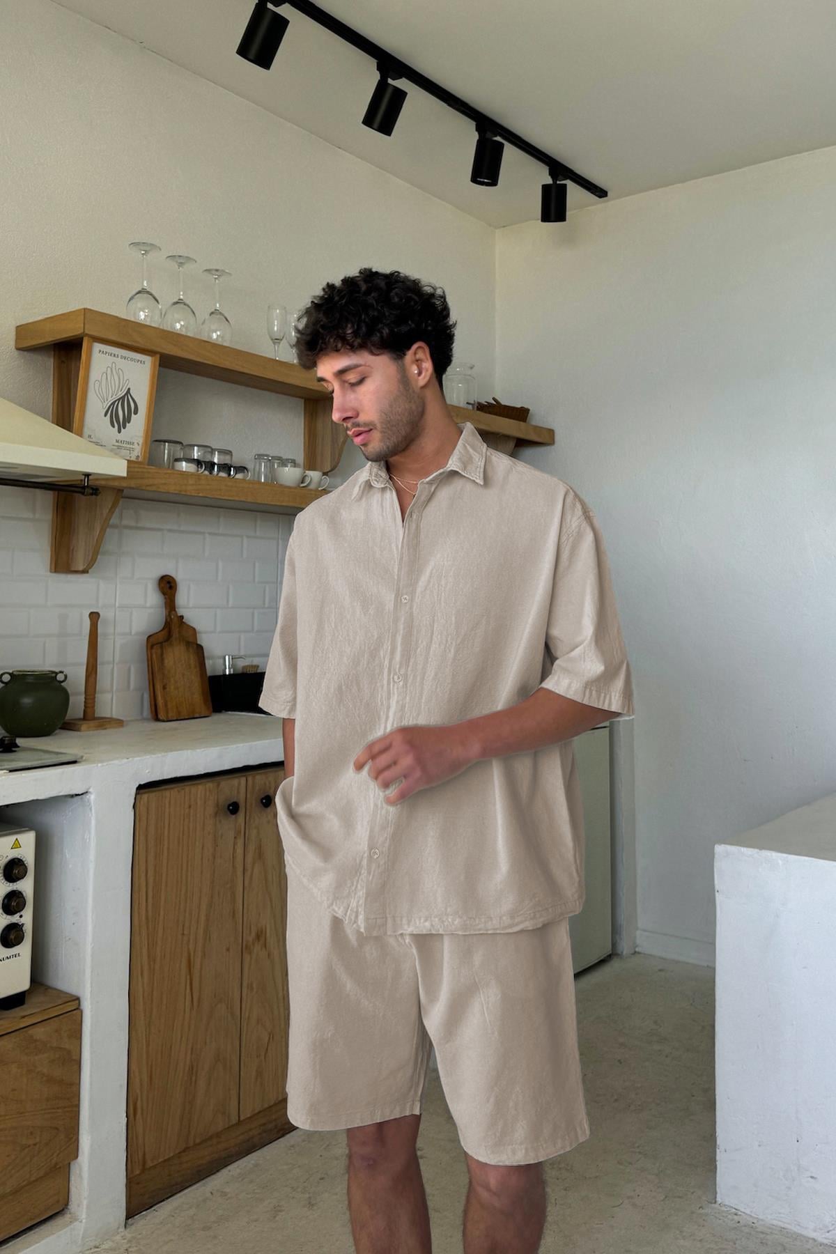 Krem Basic Oversize Kısa Kol Keten Gömlek Bej