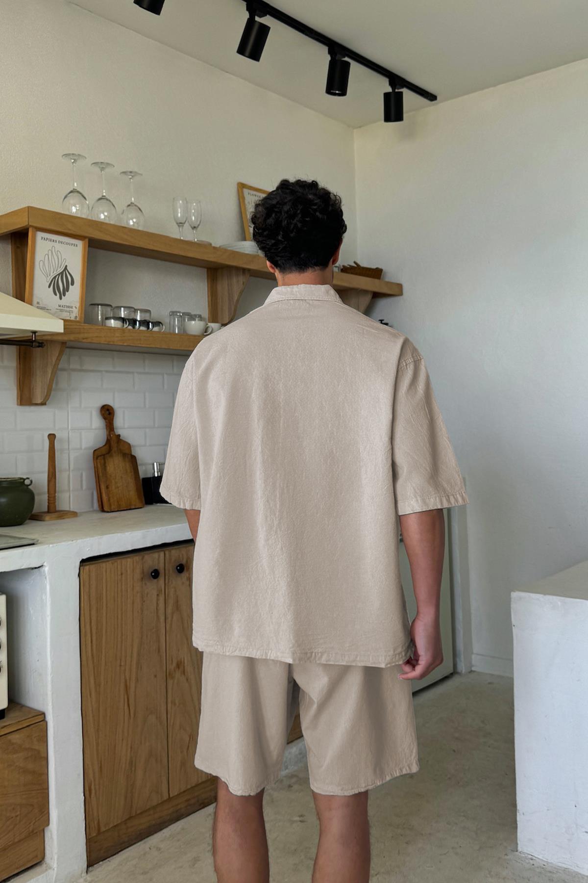 Krem Basic Oversize Kısa Kol Keten Gömlek Bej