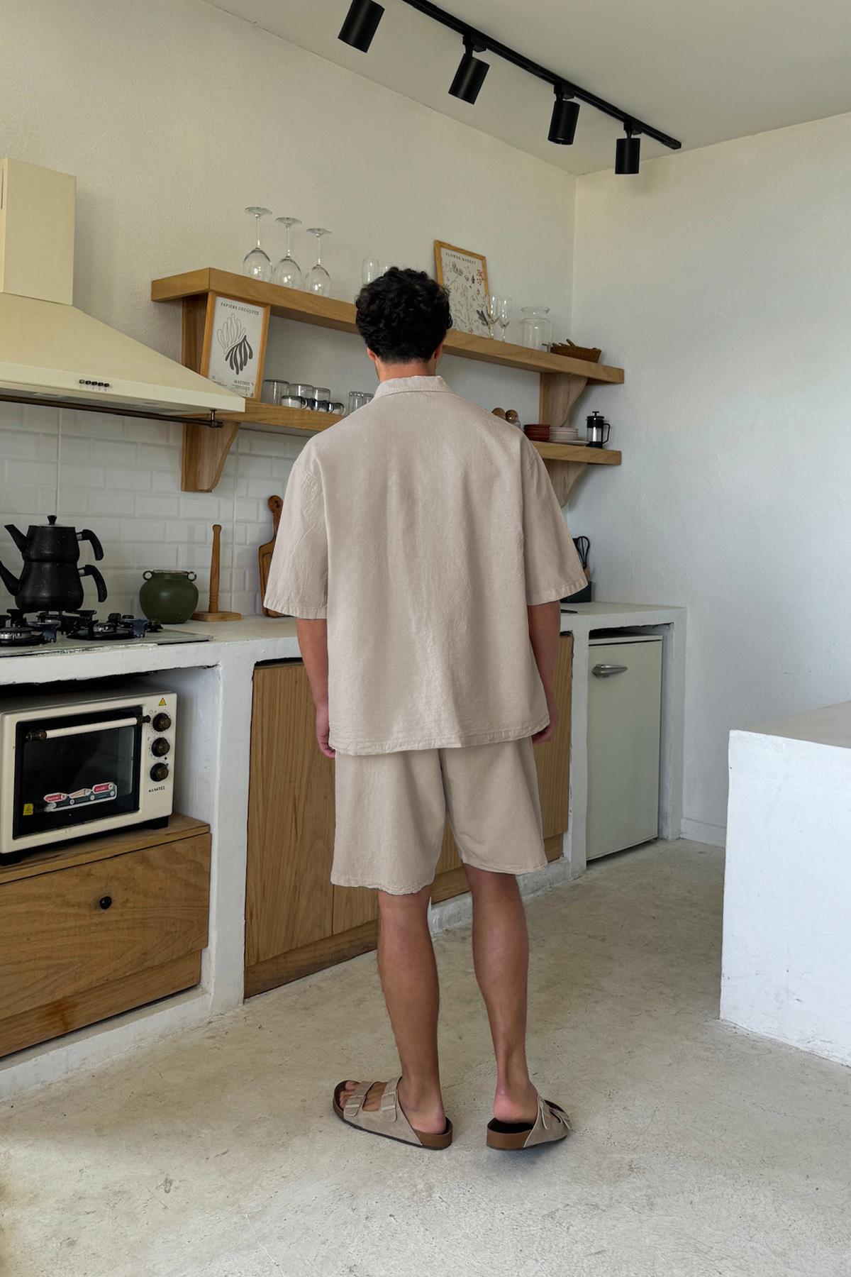 Krem Basic Oversize Kısa Kol Keten Gömlek Bej