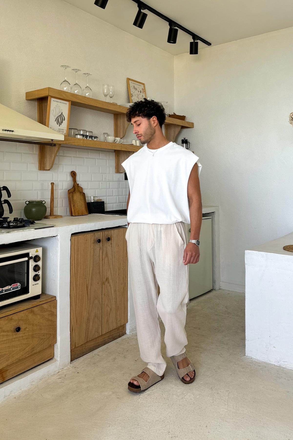 Krem Bel Lastikli Müslin Kumaş Pantolon Bej