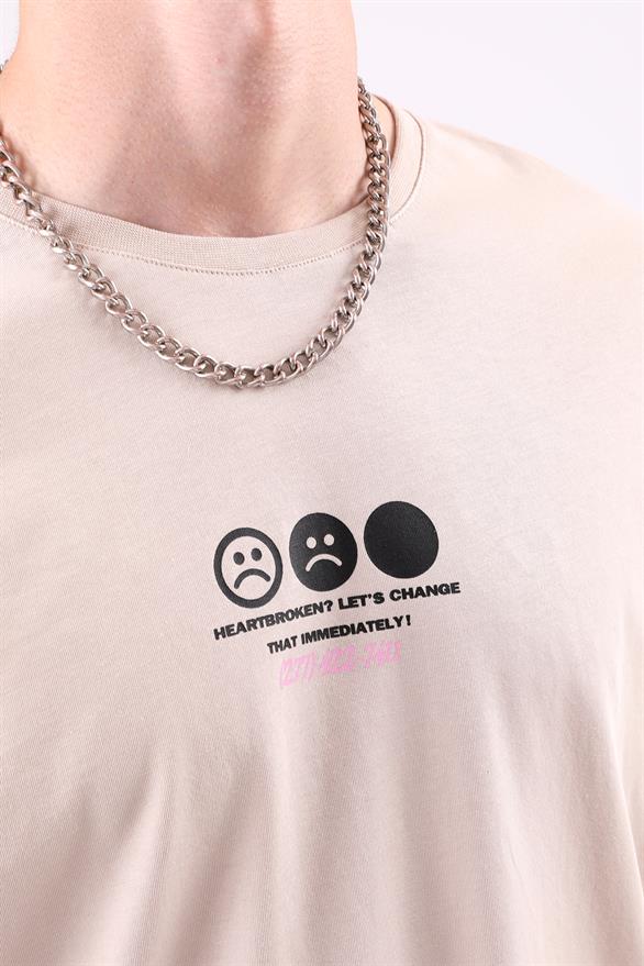 Love Hurts Sırt Baskılı Oversize Tişört Taş Rengi