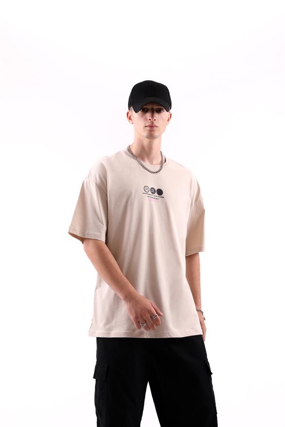 Love Hurts Sırt Baskılı Oversize Tişört Taş Rengi