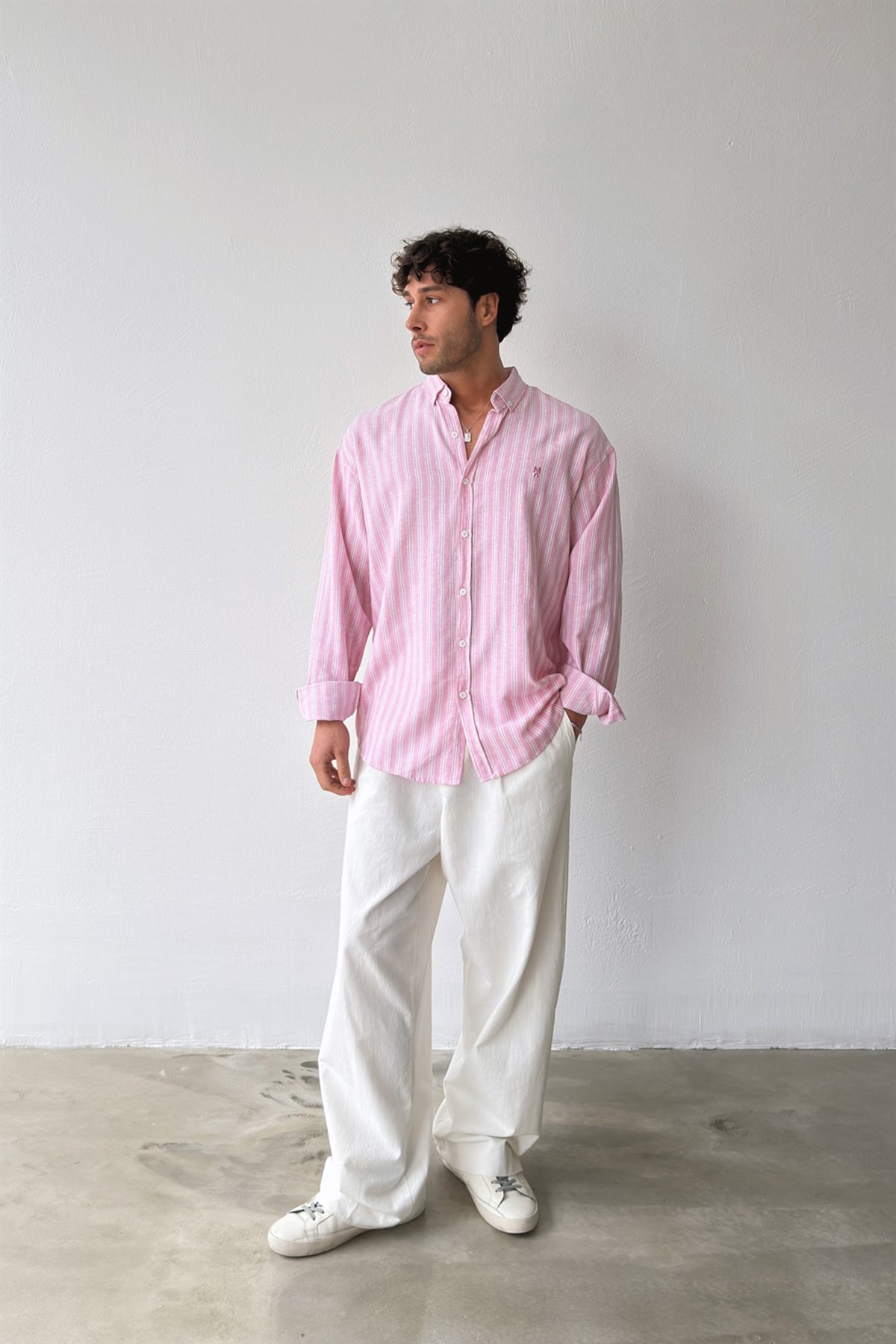 Makeba Nakışlı Çizgili Pembe Keten Gömlek