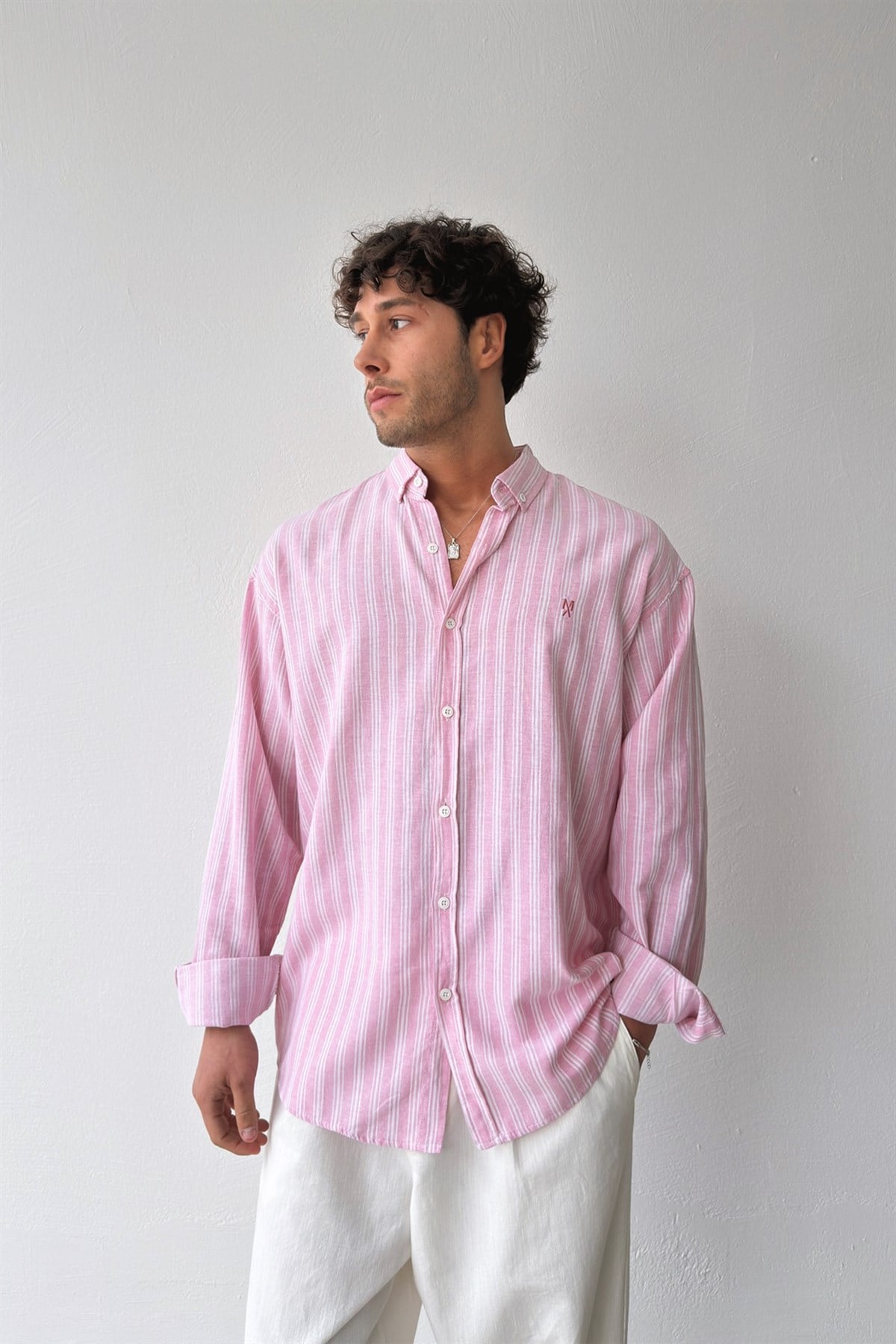 Makeba Nakışlı Çizgili Pembe Keten Gömlek