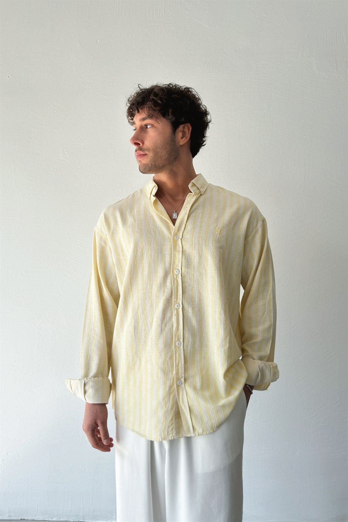 Makeba Nakışlı Çizgili Sarı Keten Gömlek