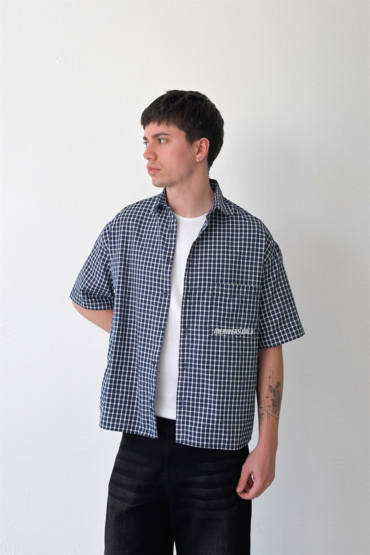 Members Nakışlı Ekose Kısa Kol Poplin Gömlek