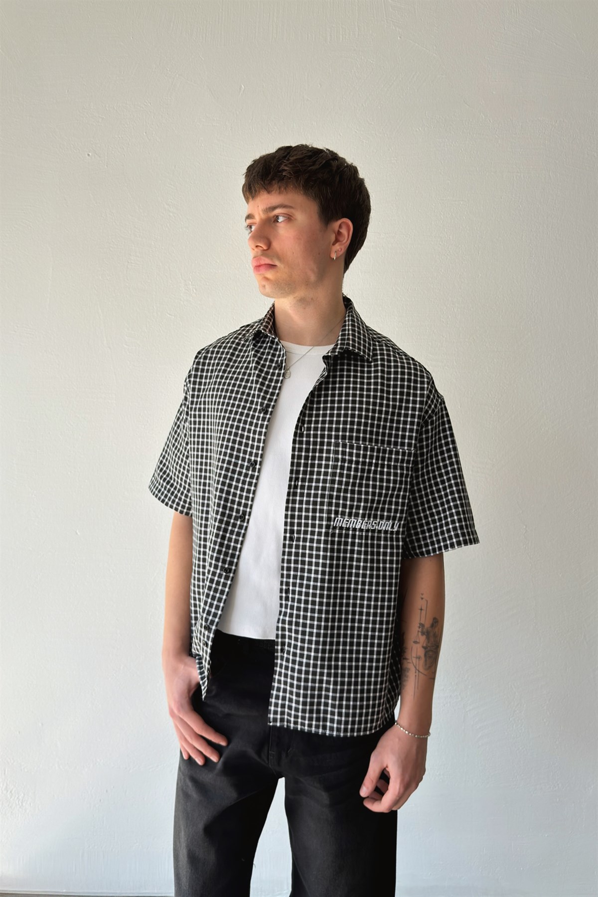 Members Nakışlı Ekose Kısa Kol Poplin Gömlek