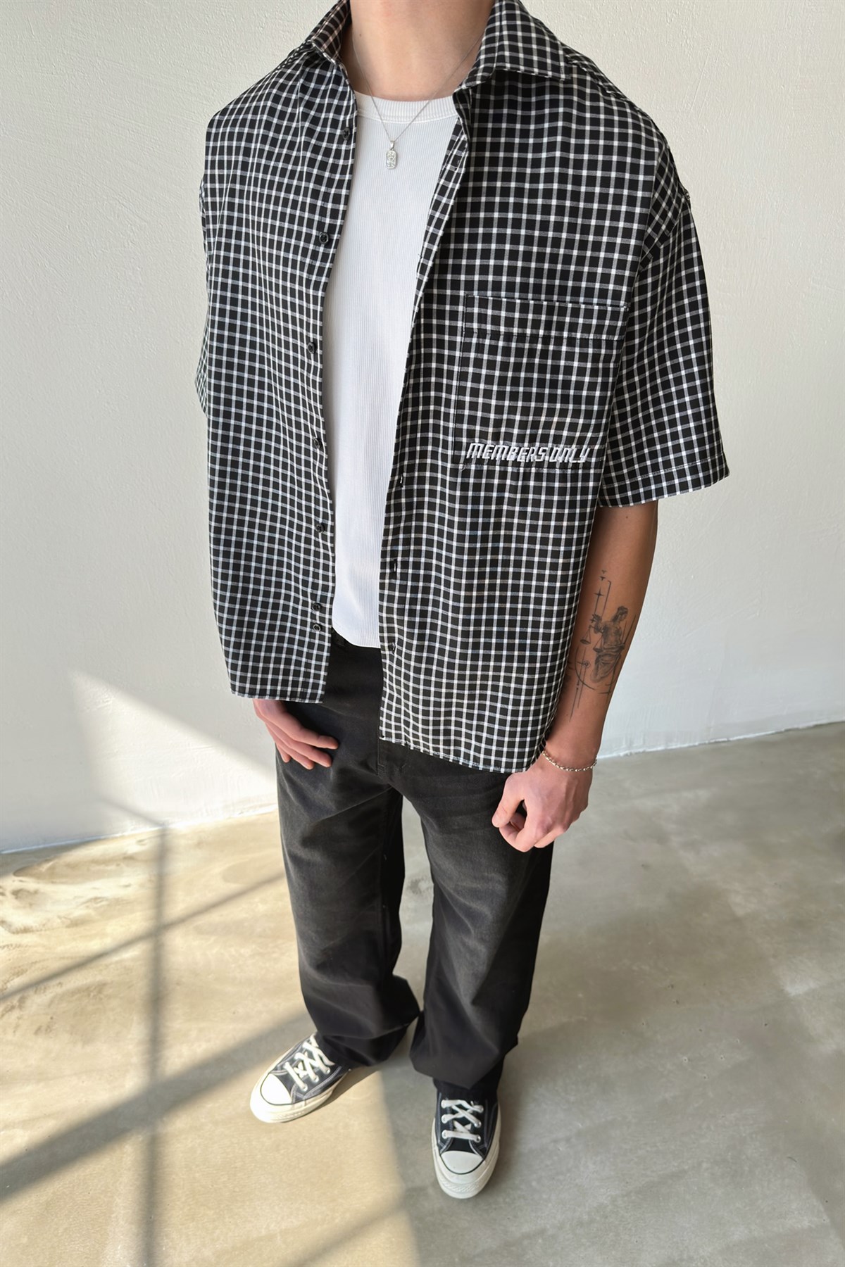 Members Nakışlı Ekose Kısa Kol Poplin Gömlek