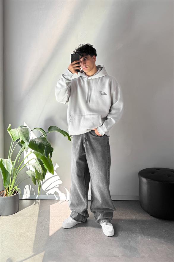 Minimal Brooklyn Baskılı Gri Oversize Hoodie