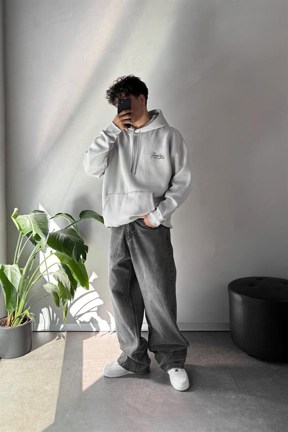 Minimal Brooklyn Baskılı Gri Oversize Hoodie