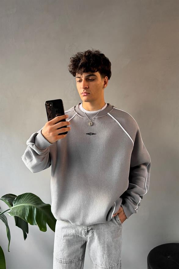 Minimal Nakışlı Bisiklet Yaka Füme Sweatshirt