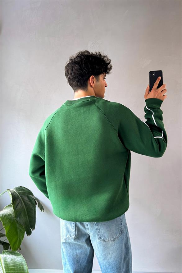 Minimal Nakışlı Yeşil Bisiklet Yaka Sweatshirt