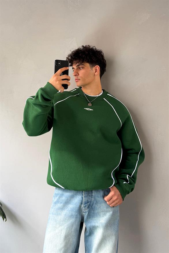 Minimal Nakışlı Yeşil Bisiklet Yaka Sweatshirt