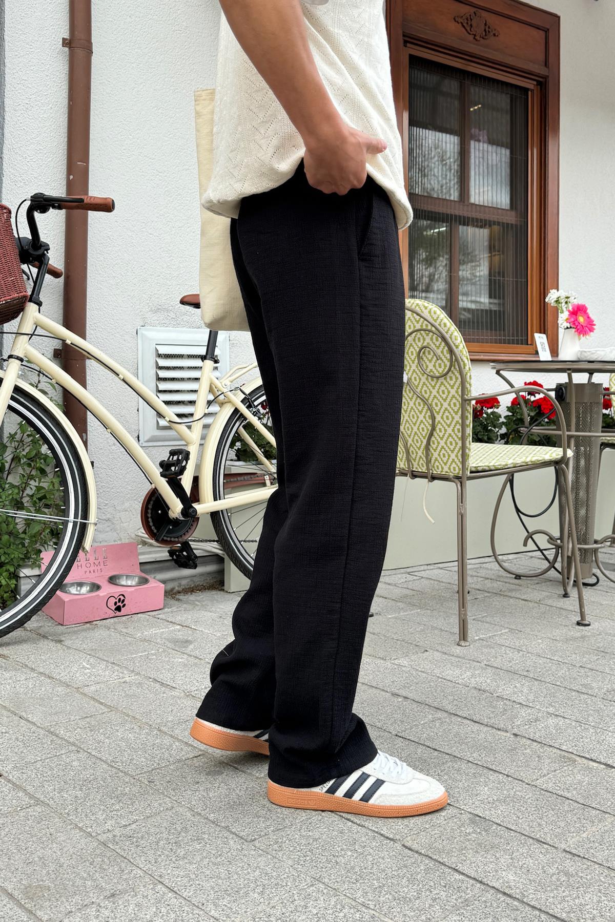Müslin Kumaş Siyah Baggy Pantalon