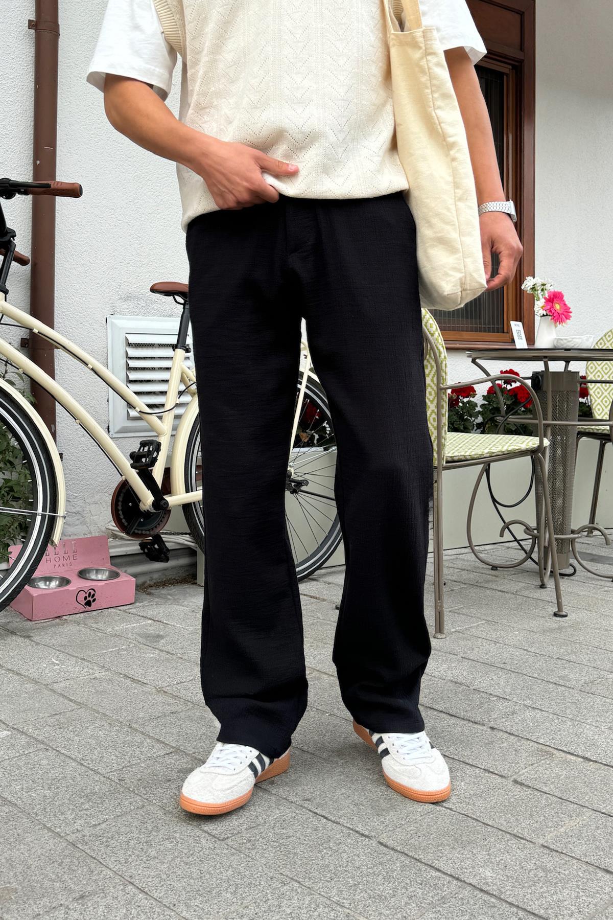 Müslin Kumaş Siyah Baggy Pantalon