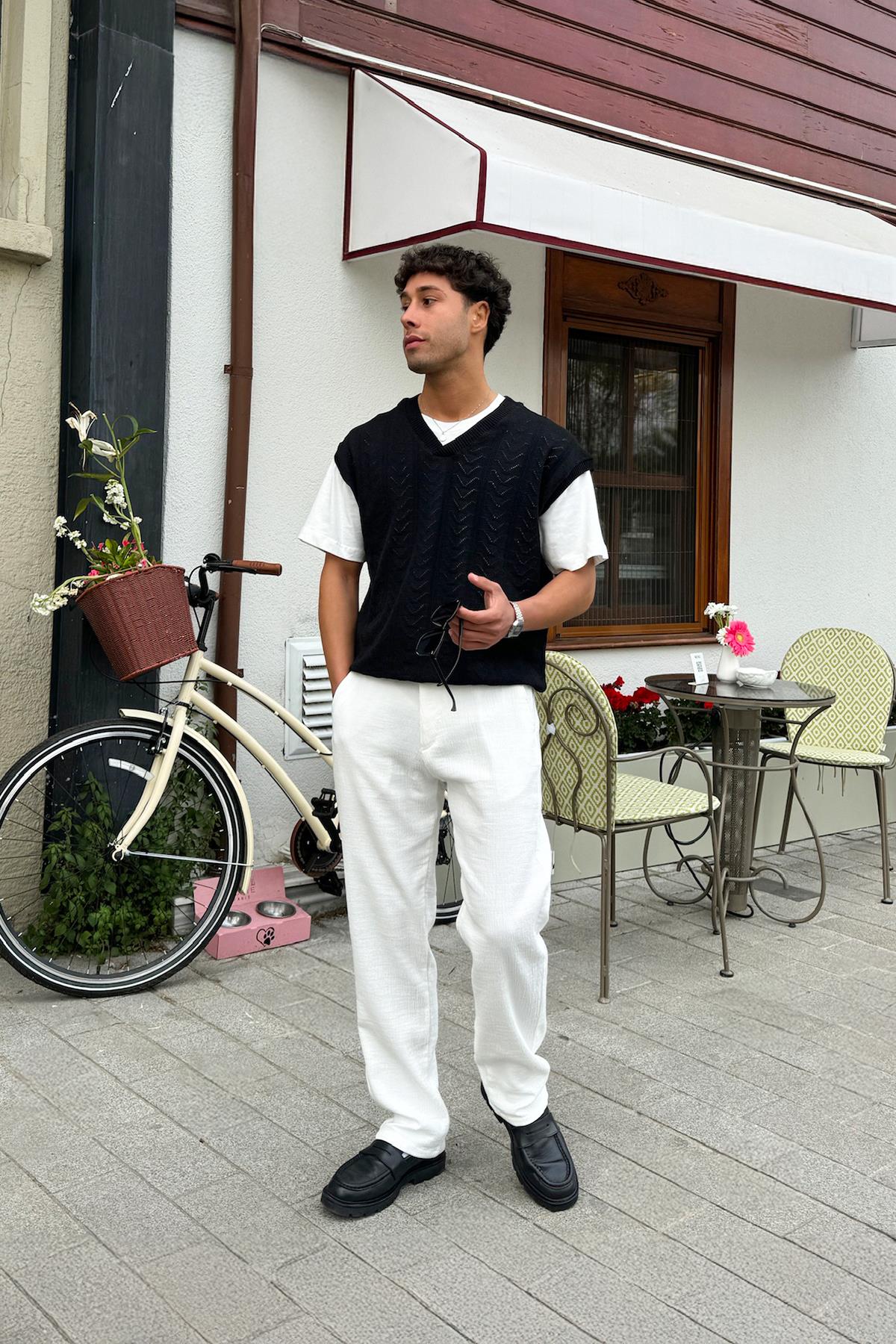 Müslin Kumaş Baggy Pantalon Ekru
