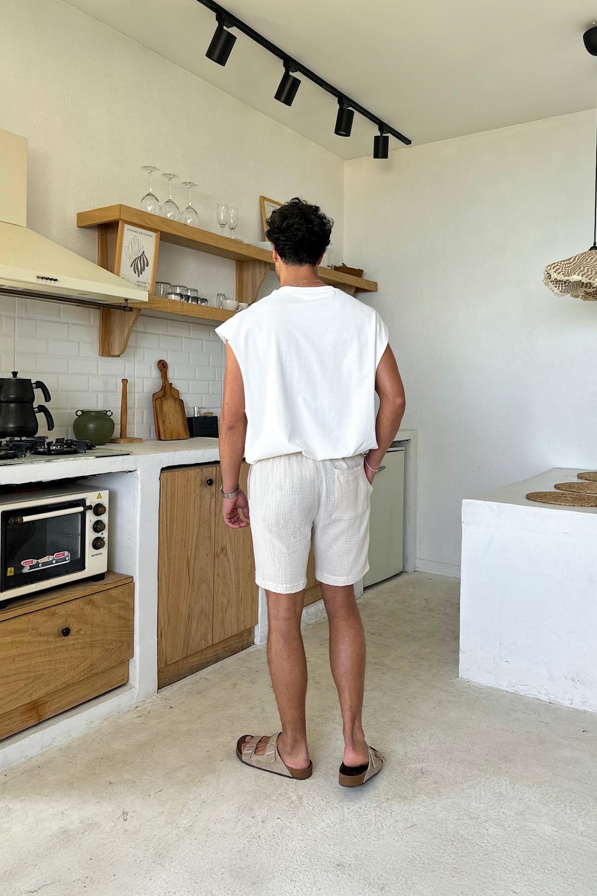 Krem Müslin Kumaş Bel Lastikli Şort