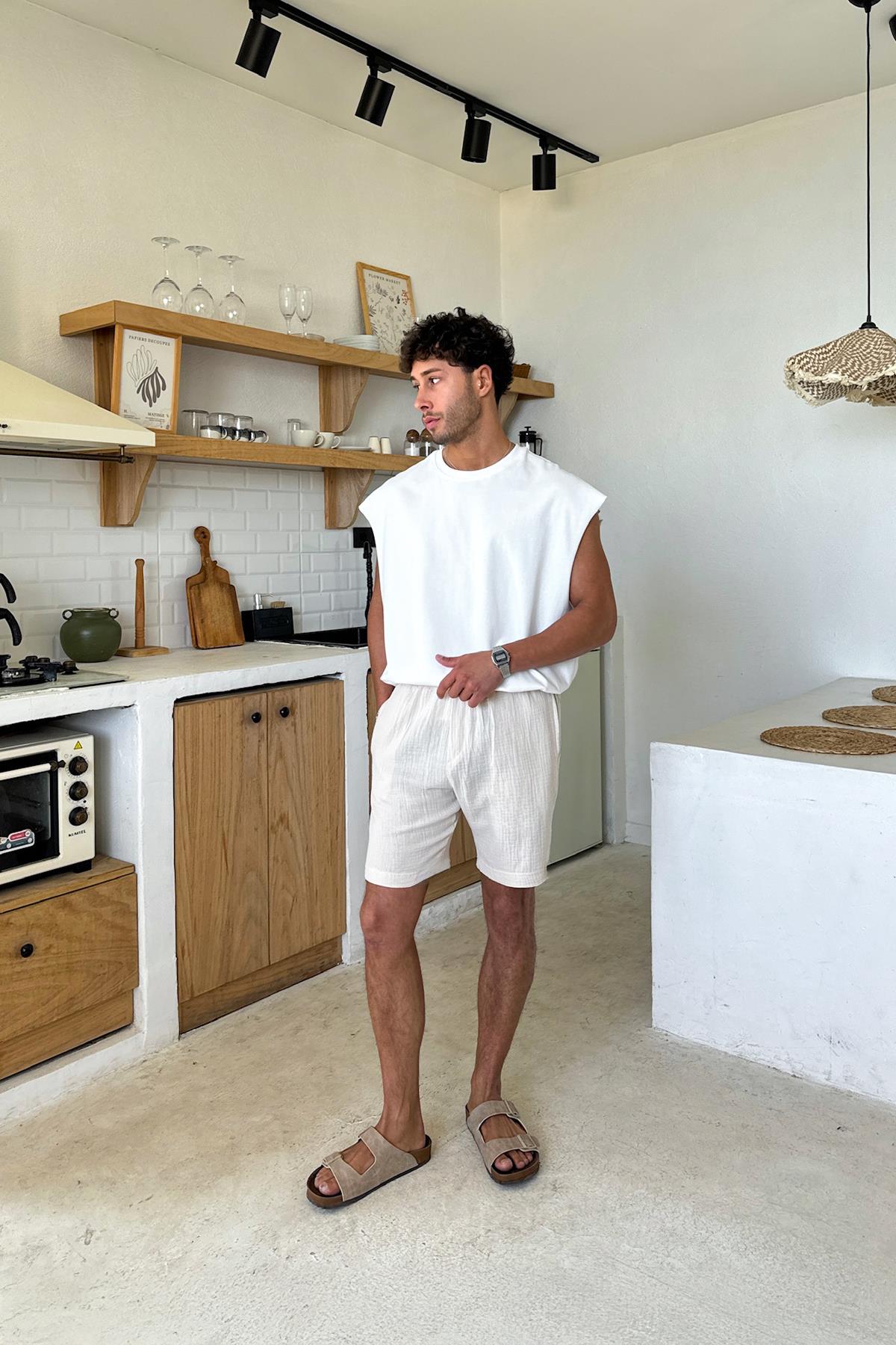 Krem Müslin Kumaş Bel Lastikli Şort