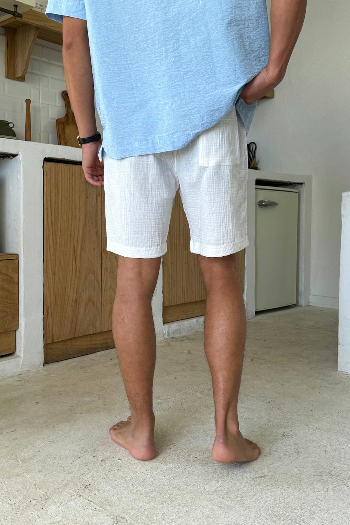 Beyaz Müslin Kumaş Bel Lastikli Şort