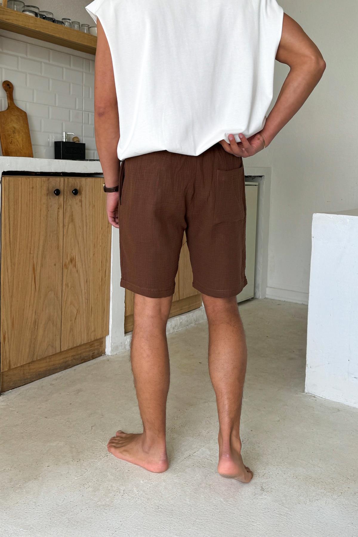 Kahverengi Müslin Kumaş Bel Lastikli Şort