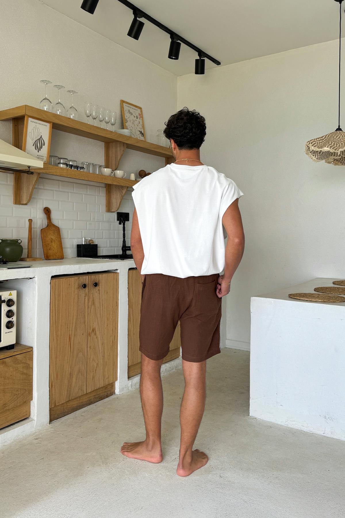 Kahverengi Müslin Kumaş Bel Lastikli Şort