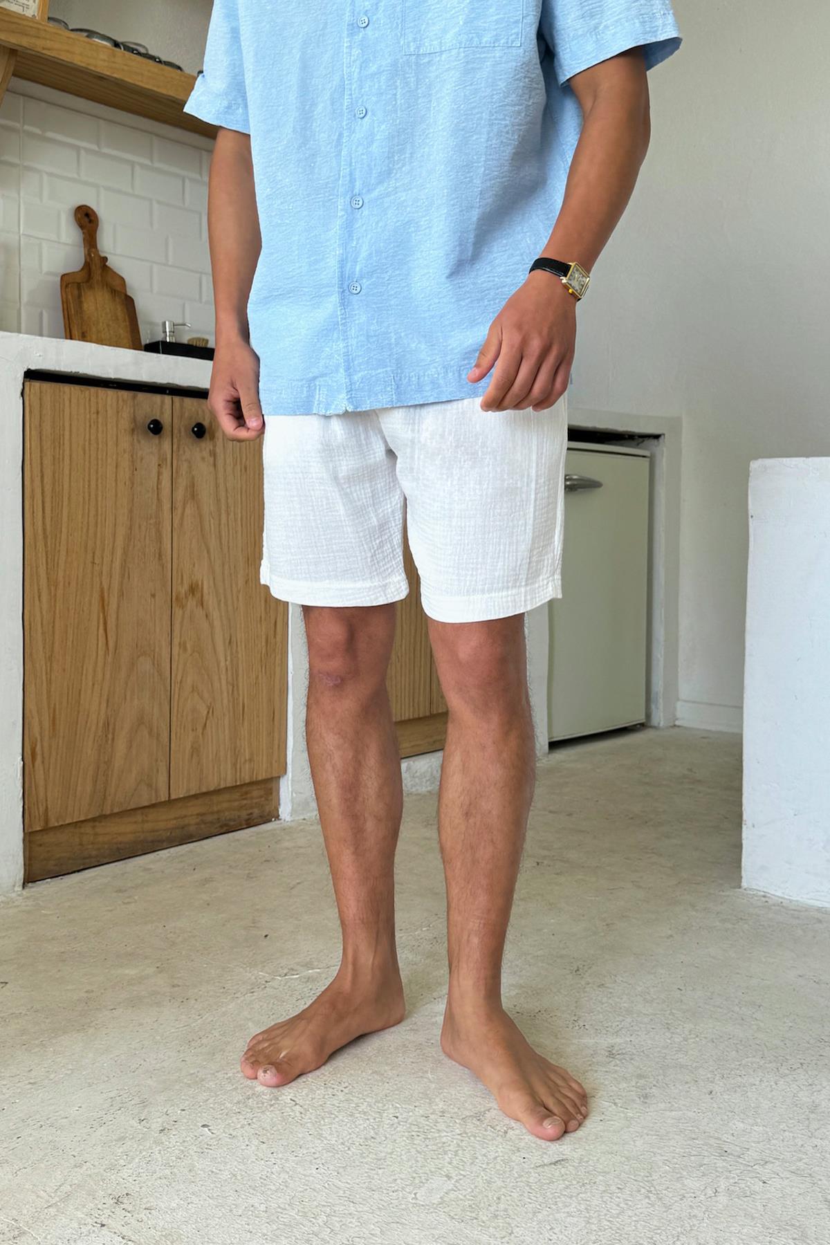 Beyaz Müslin Kumaş Bel Lastikli Şort