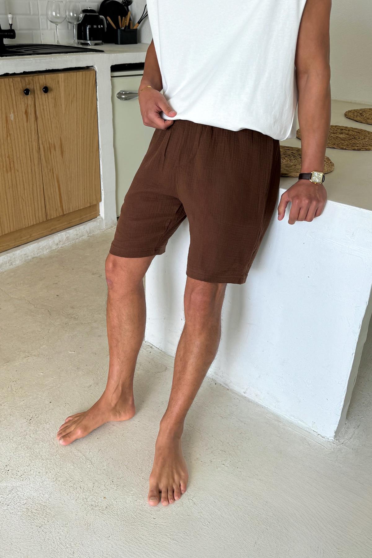 Kahverengi Müslin Kumaş Bel Lastikli Şort