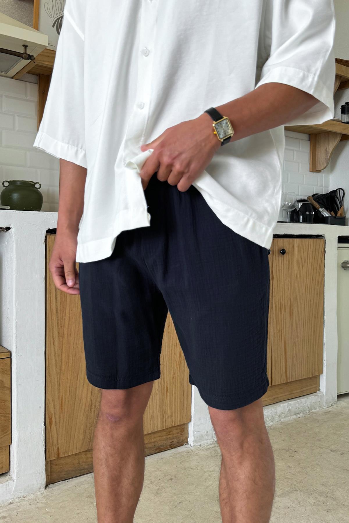 Lacivert Müslin Kumaş Bel Lastikli Şort