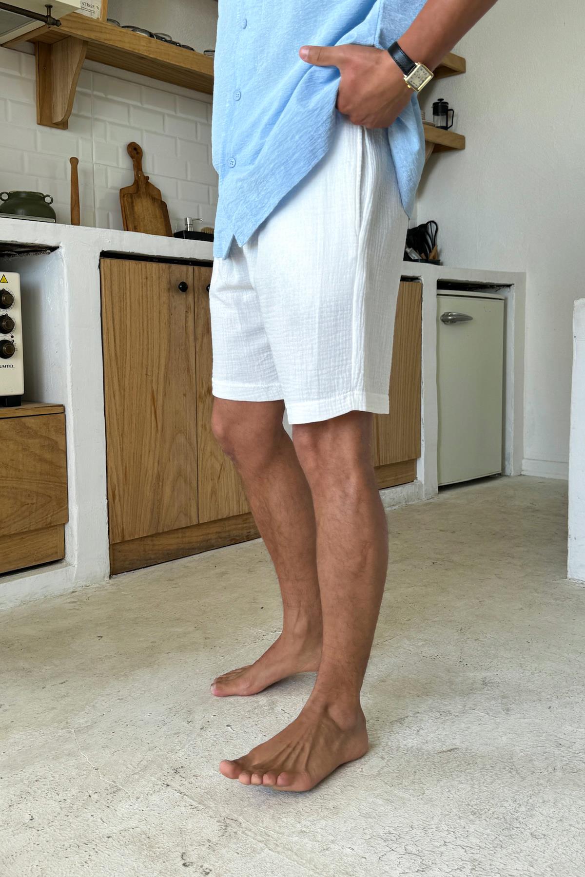 Beyaz Müslin Kumaş Bel Lastikli Şort