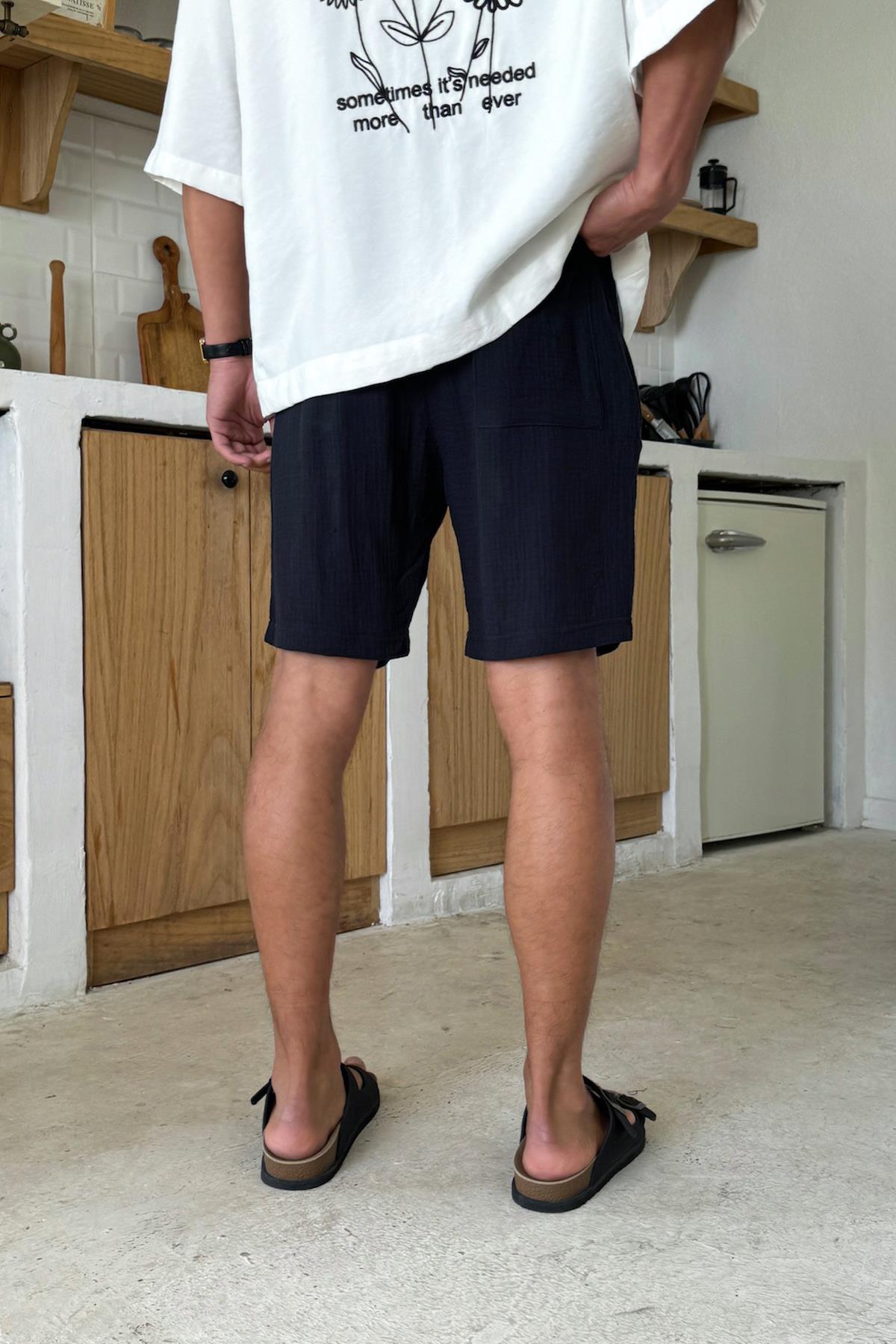 Lacivert Müslin Kumaş Bel Lastikli Şort