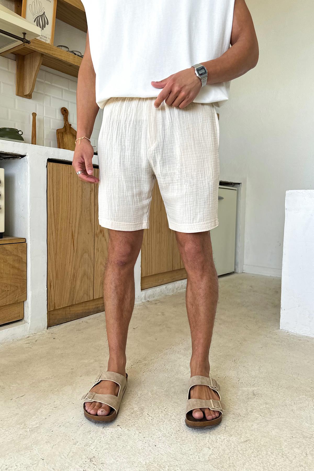 Krem Müslin Kumaş Bel Lastikli Şort