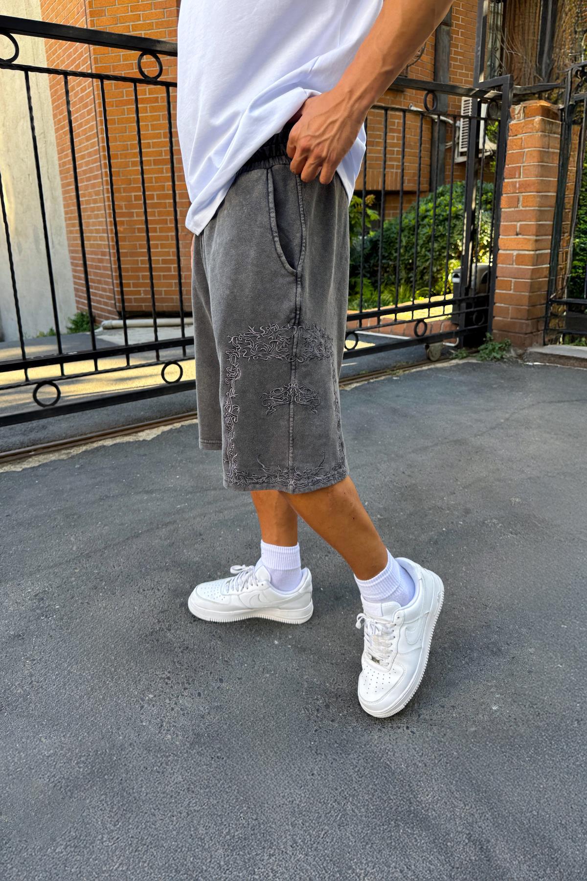 Nakışlı Bel Lastikli Şort Antrasit