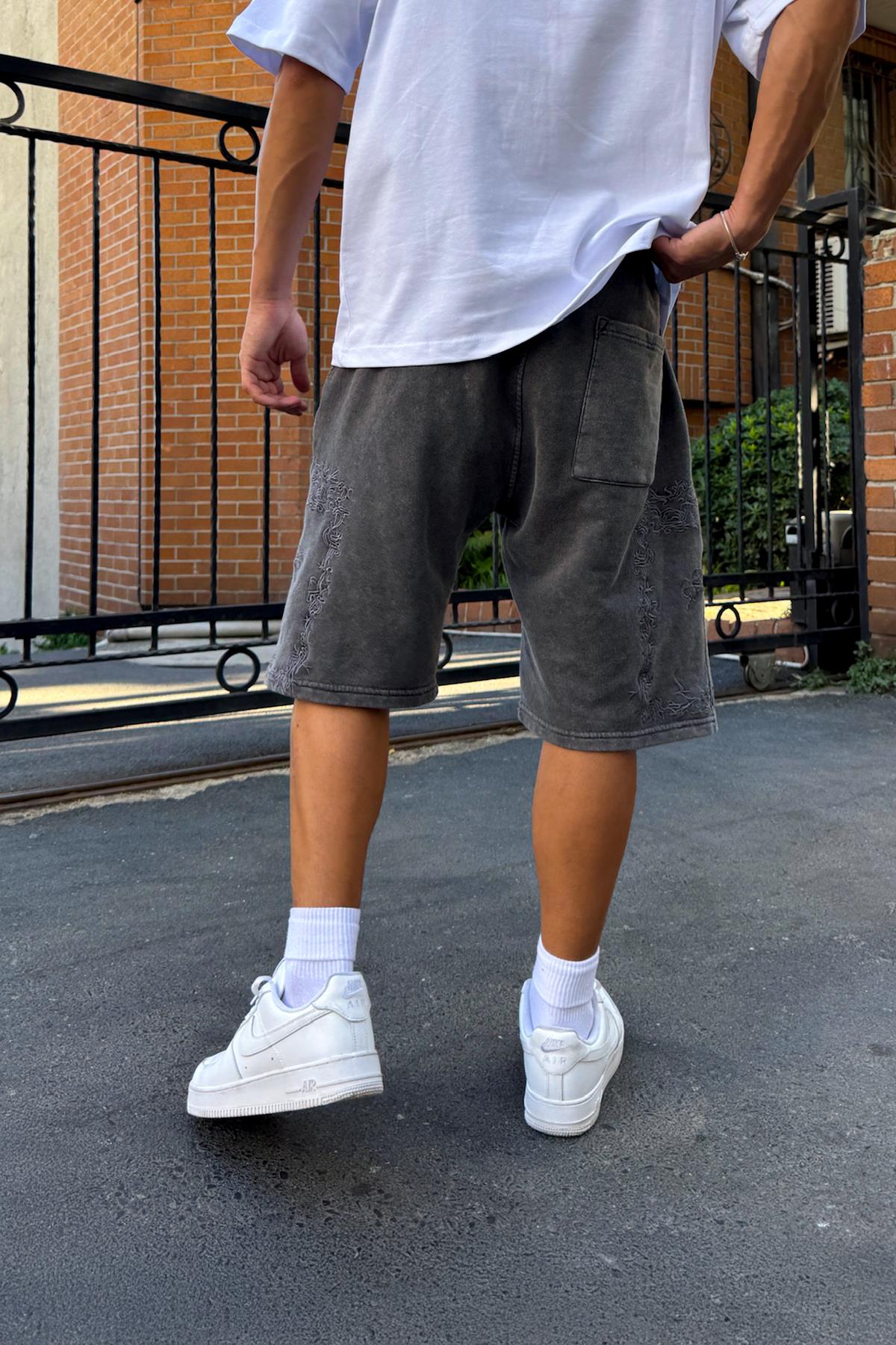 Nakışlı Bel Lastikli Şort Antrasit