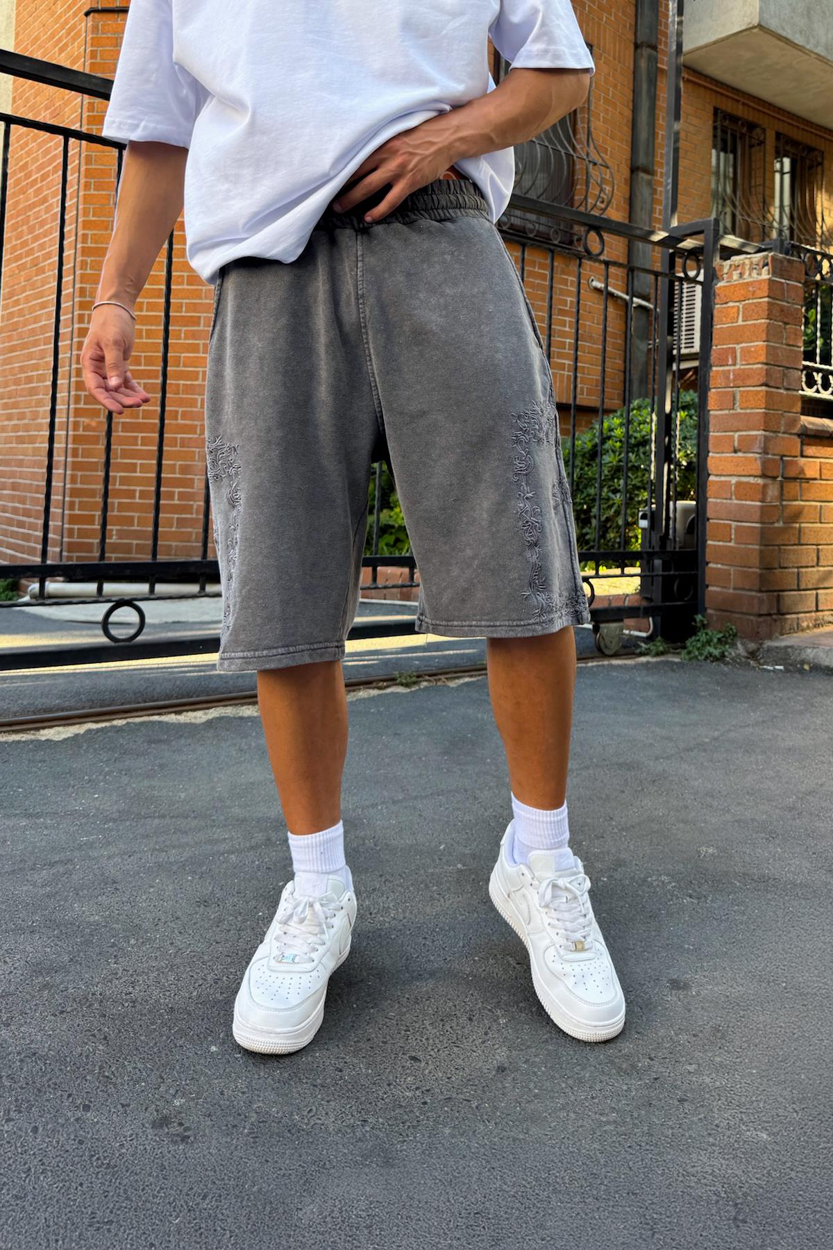 Nakışlı Bel Lastikli Şort Antrasit