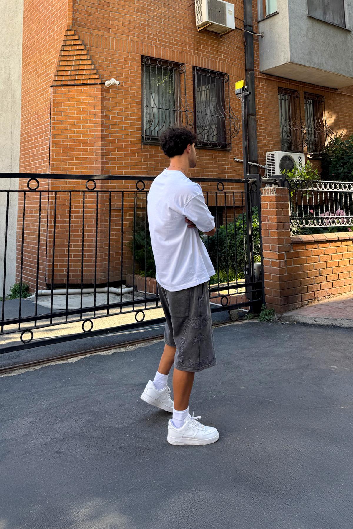 Nakışlı Bel Lastikli Şort Antrasit