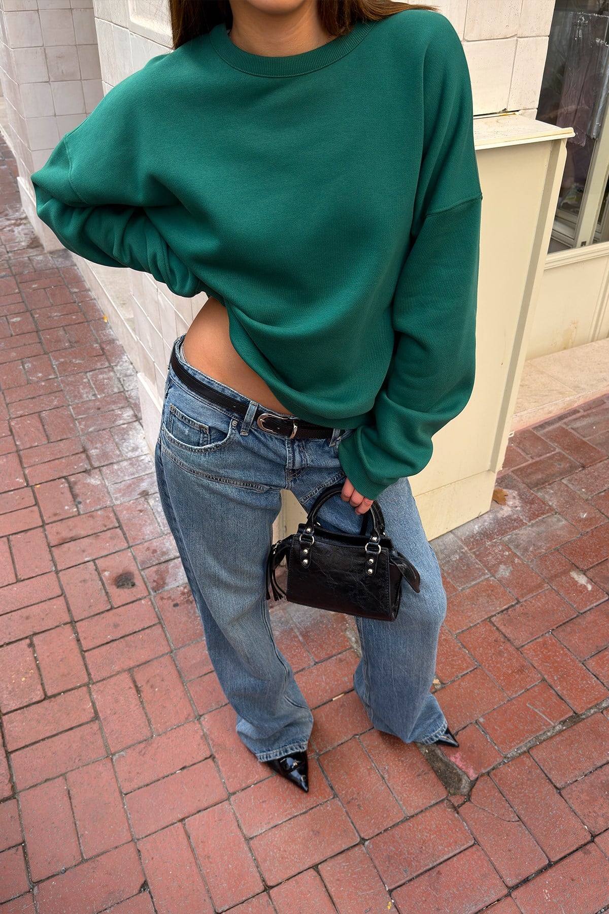 Nakışlı Bisiklet Yaka Boxie Sweatshırt