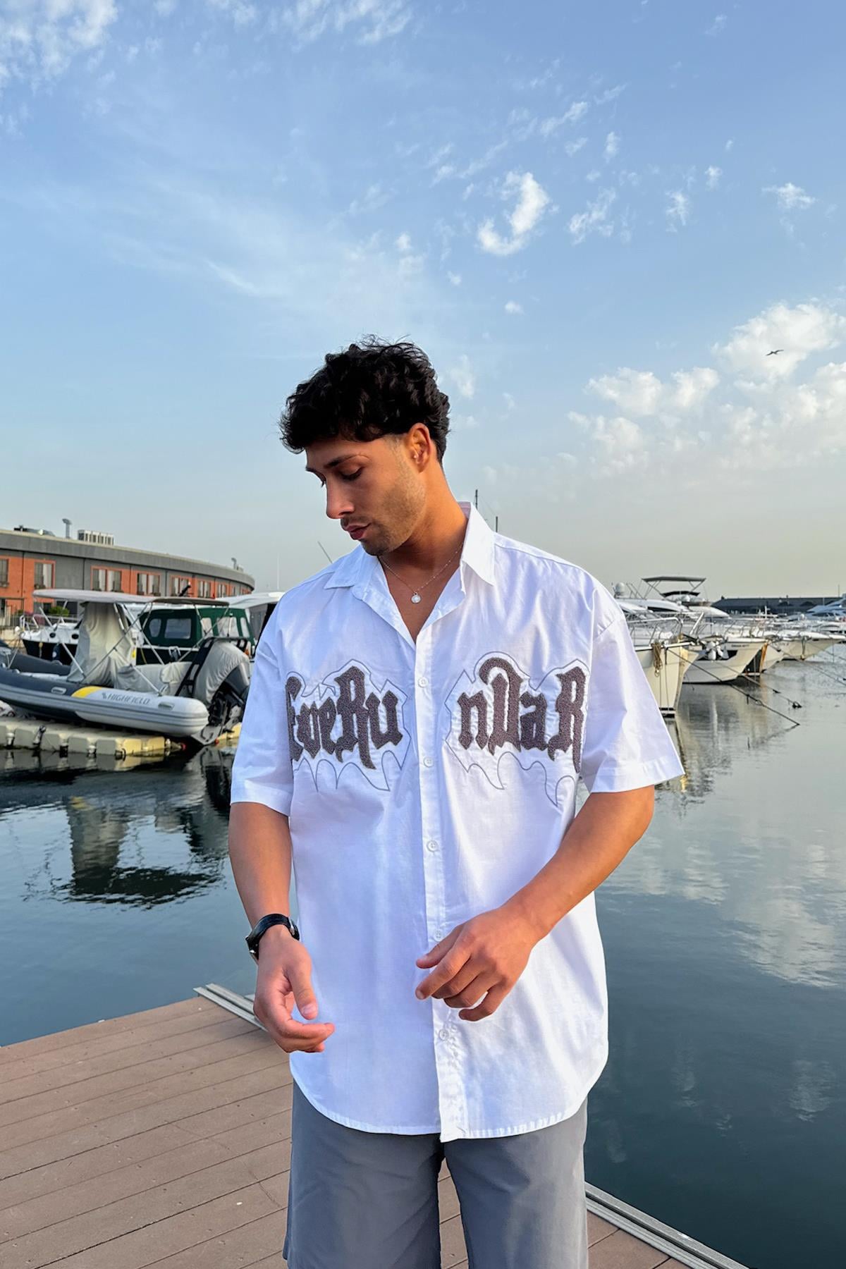 Nakışlı Cepli Bengalin Gömlek Beyaz