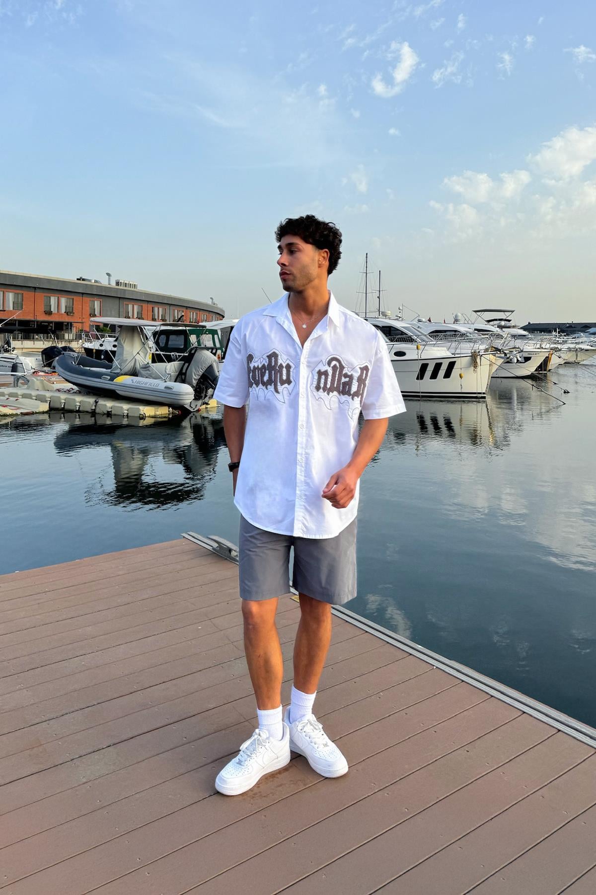 Nakışlı Cepli Bengalin Gömlek Beyaz